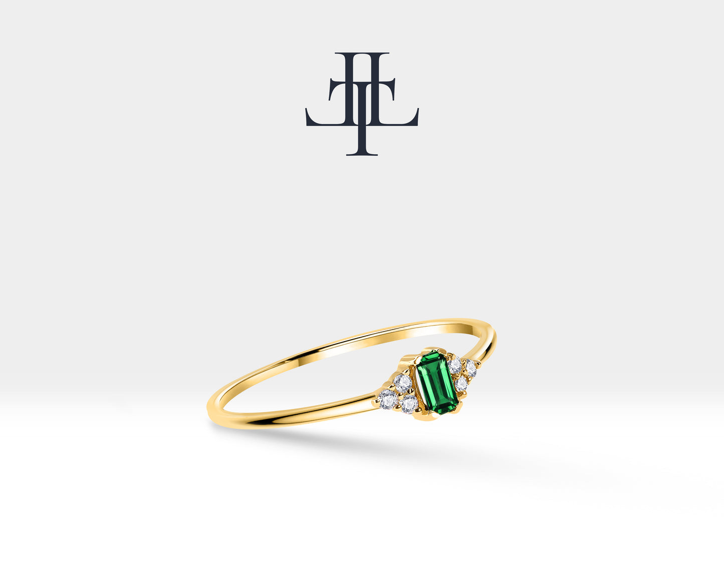 14K Yellow Solid Gold Band,Multi Stone Ring,Baguette Cut Emerald and Diamond Ring
