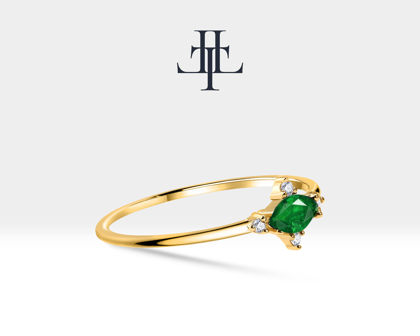 14K Yellow Gold Ring,Straight Shank Engagement Ring,Marquise Emerald with Diamond