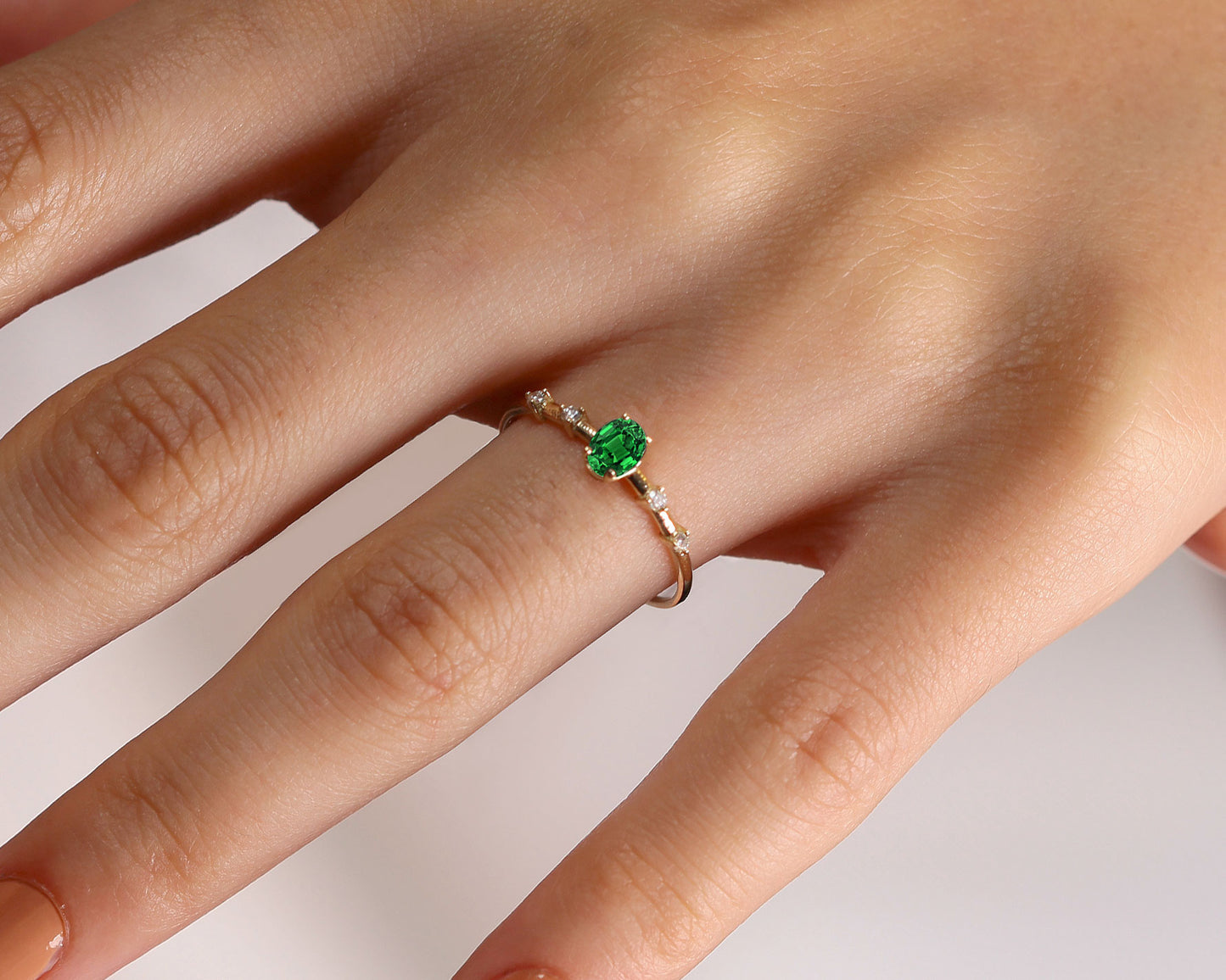 14K Yellow Solid Gold Ring ,Multi Stone Ring ,Oval Cut Emerald with Tiny Diamond Ring