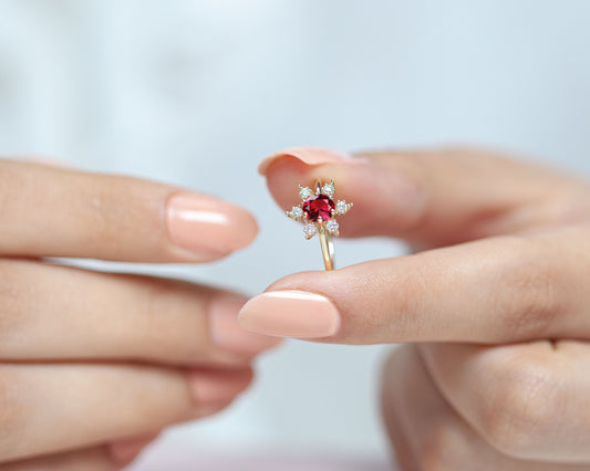 Straight Shank Snow Flake Ring, Rose Cut Ruby with Diamond Ring, 14K