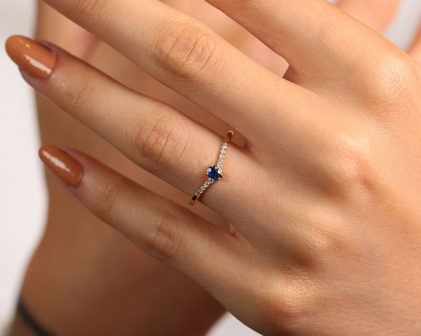14K Yellow Solid Gold Ring,Chevron Shank Ring,Pear Cut Sapphire Ring,Half Eternity Ring