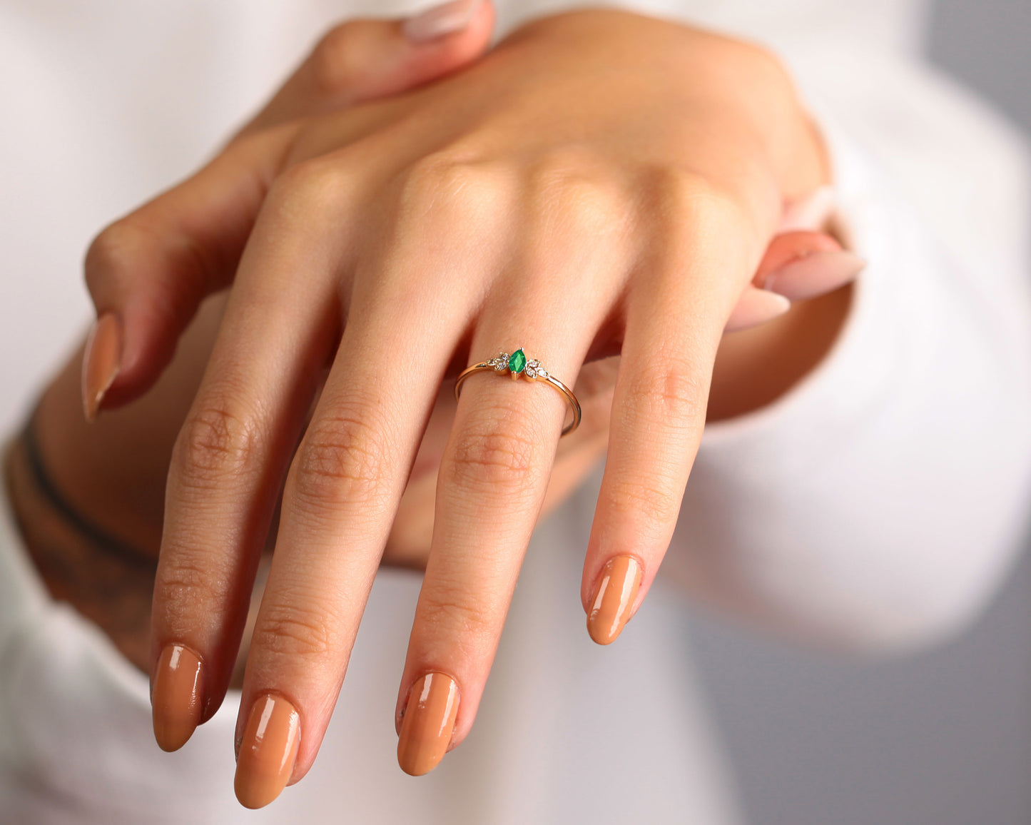 14K Yellow Solid Gold Ring,Straight Shank Ring,Marquise Cut Emerald Ring,Multi Stone