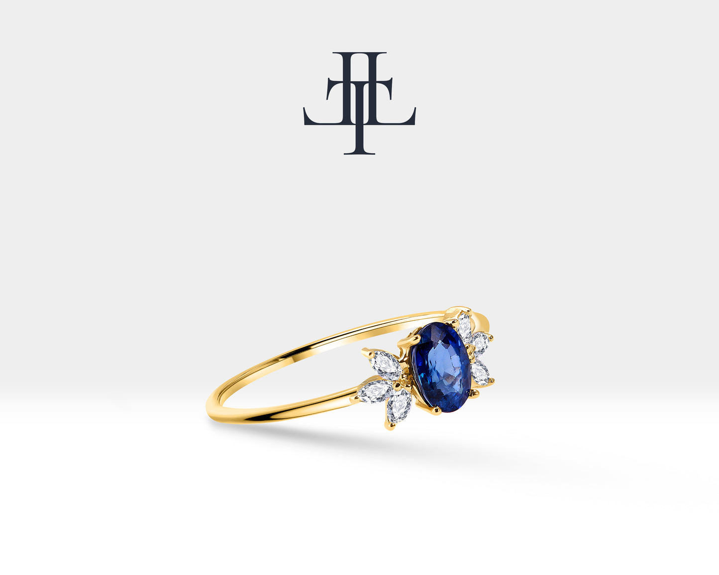 14K Yellow Solid Gold,Multi Stone Ring,Oval Cut Sapphire with Marquise Diamond Ring
