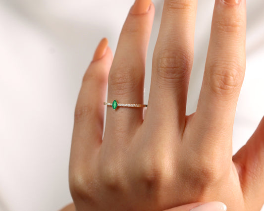 14K Yellow Solid Gold Ring,Straight Shank Ring,Marquise Cut Emerald Ring,Half Eternity shank