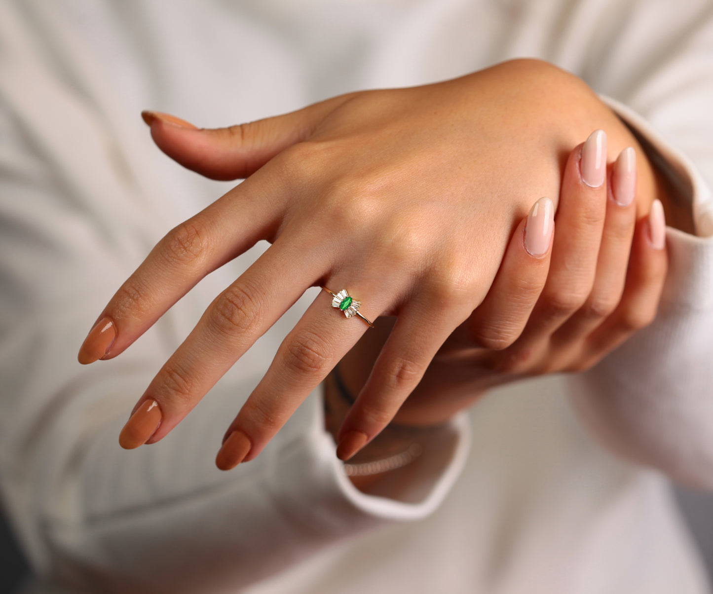 14K Yellow Solid Gold Band,Multi Stone Ring,Marquise Cut Emerald and Baguette Diamond