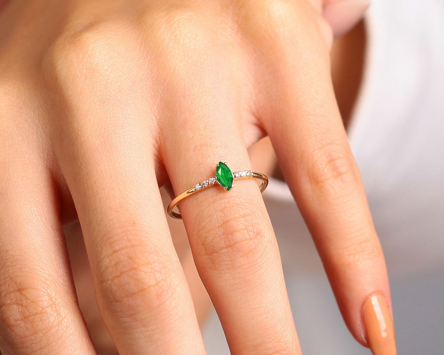 14K Yellow Solid Gold Ring,Marquise Cut Emerald Ring,Tiny Diamond Ring
