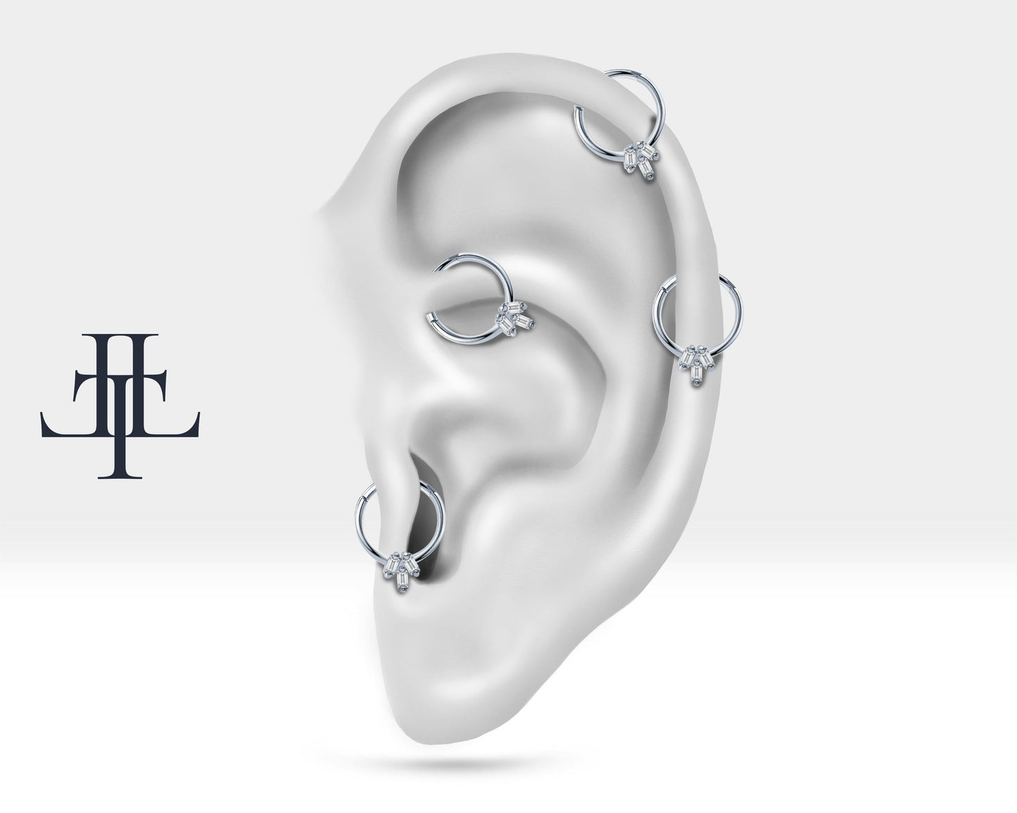 Cartilage Hoop , 3 Baguette Cut Diamond Clicker , Single Earing , 14K Solid Gold