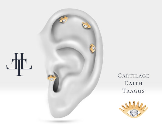 Screw Back Tragus Piercing, Small Eye Design Diamond Piercing , Single Earring , 14K Solid Gold