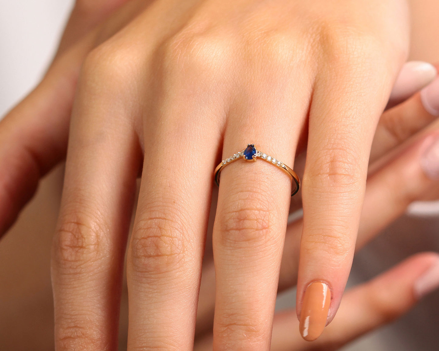 14K Yellow Solid Gold Ring,Chevron Shank Ring,Pear Cut Sapphire Ring,Half Eternity Ring