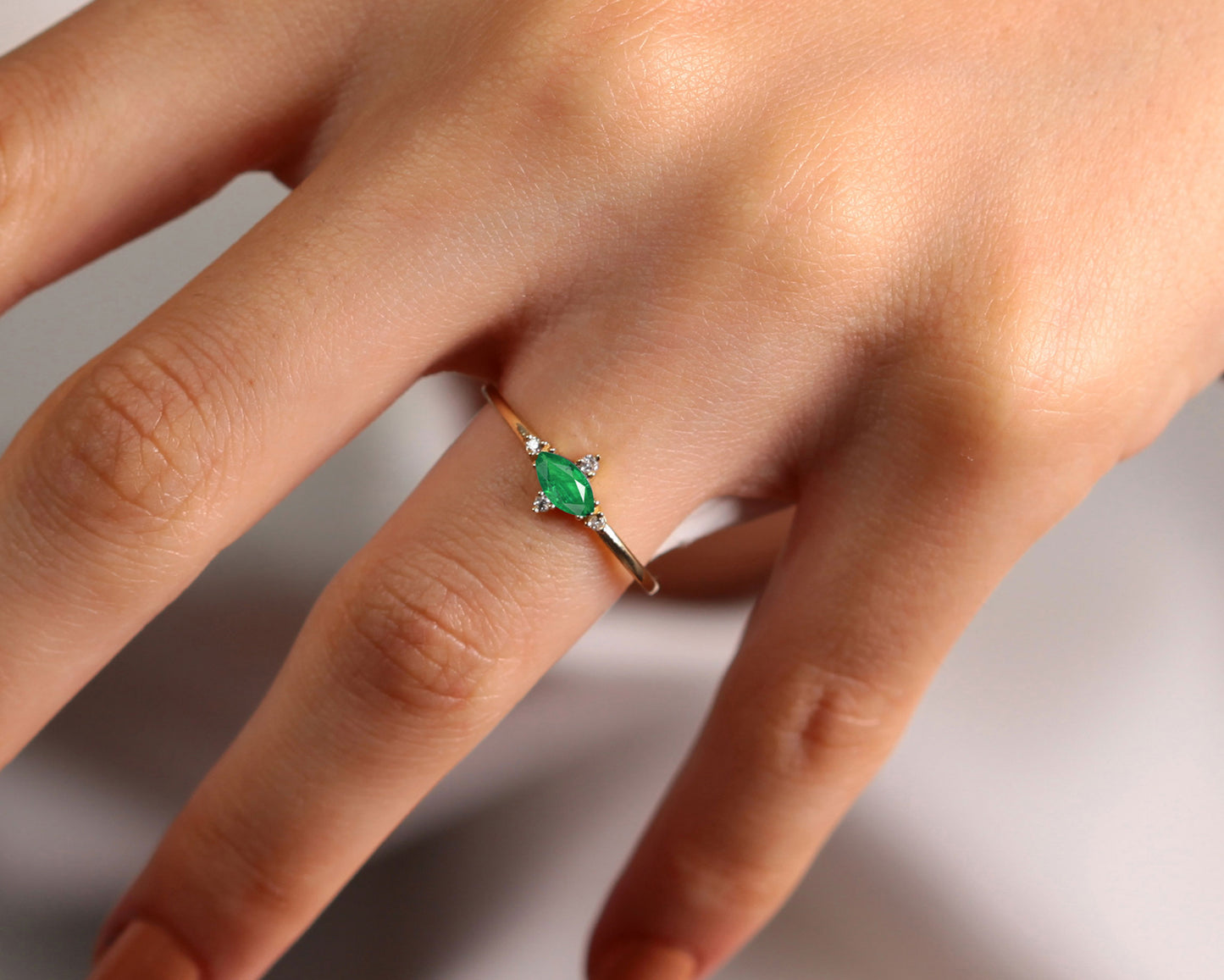 14K Yellow Gold Ring,Straight Shank Engagement Ring,Marquise Emerald with Diamond