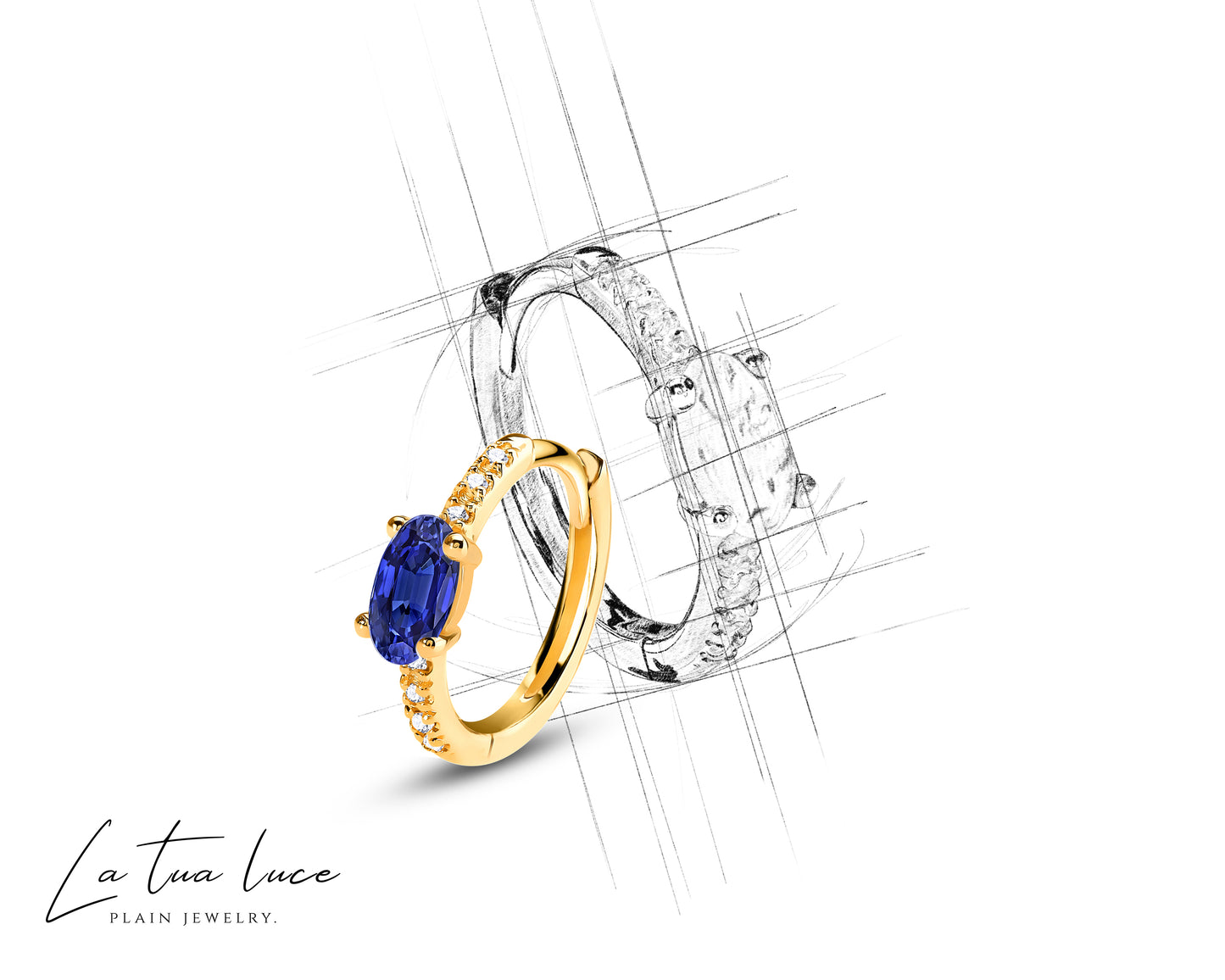Huggie Hoop Earring , Oval Cut Sapphire and Diamond Design Earring , 14K Yellow Solid Gold