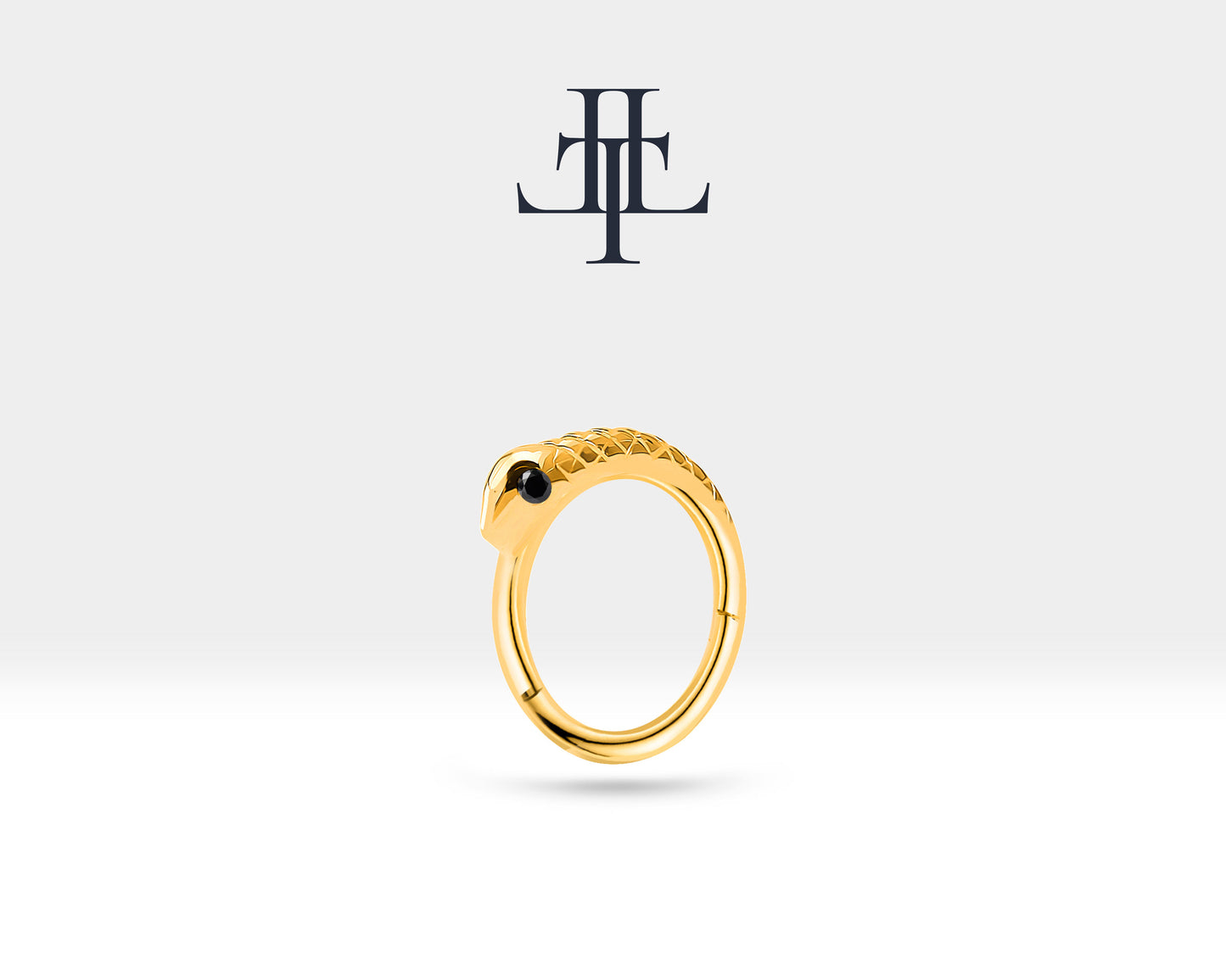 Cartilage Hoop Snake Design Black Diamond Clicker Piercing,14K Yellow Solid Gold,16G(1.2)