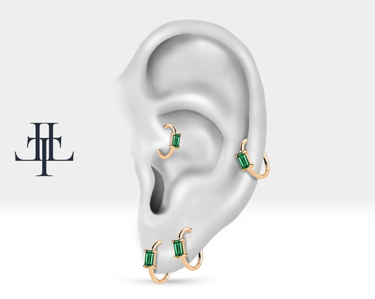 Hoop Baguette Cut Emerald Piercing  14K Gold Single Earring