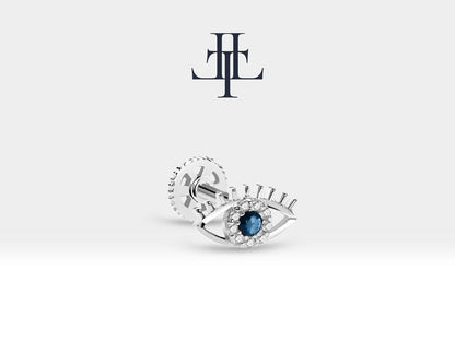 Cartilage Tragus Piercing , Eye Design Diamond and Sapphire Piercing , Single Earring , 14K Solid Gold