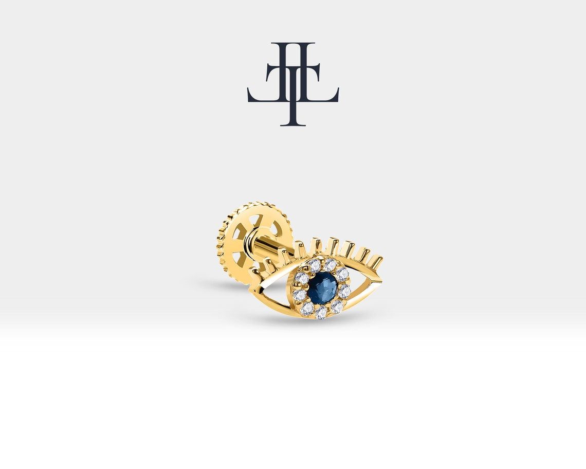 Cartilage Tragus Piercing , Eye Design Diamond and Sapphire Piercing , Single Earring , 14K Solid Gold