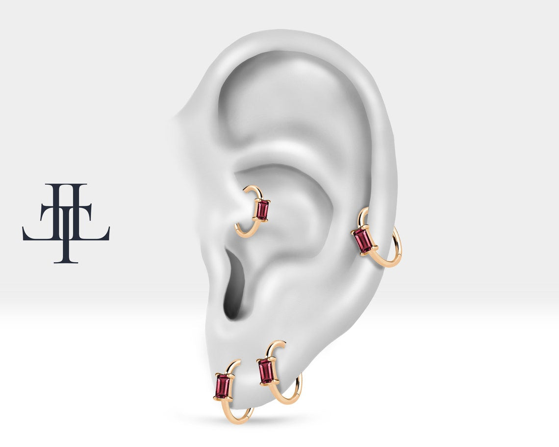 Hoop Baguette Cut Ruby Piercing  14K Gold Single Earring