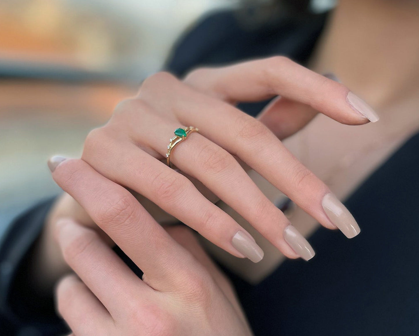 Crown Emerald Drop cut with Sprinkled Diamonds 14K Gold Ring