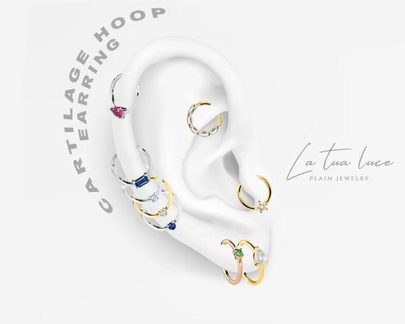 Cartilage Conch Leaf Design Ruby Clicker Piercing,Single Earring,14K Solid Gold,16G(1.2mm)