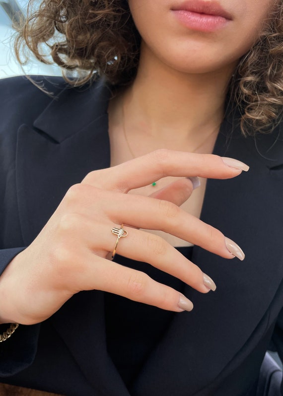 Hamsa Hand of Fatima Diamond Gold 14K Handmade Ring Minimal Ring
