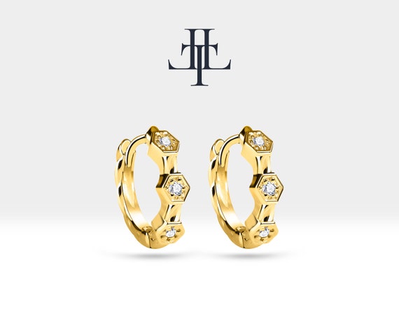 Hexagon Detailed Single Earring Diamond Earring 14K Yellow Solid Gold