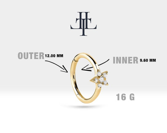 14K Solid Gold Star Desing Diamond Clicker Piercing,Cartilage Clicker Earring ,16G