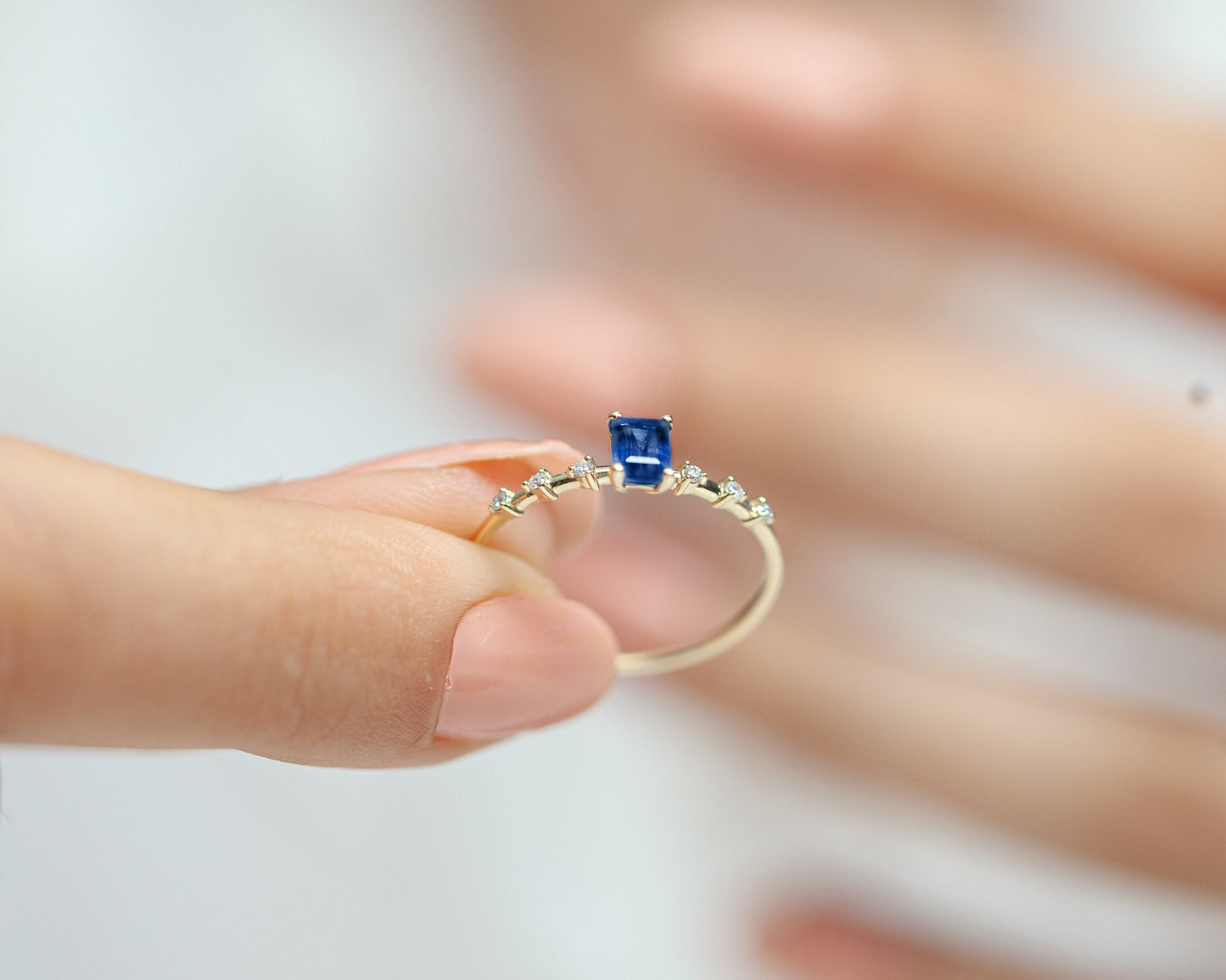 Dainty Ring Sapphire Baguette cut with Sprinkled Diamonds 14K Gold