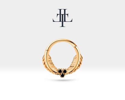 Cartilage Hoop,Leaf Design Black Diamond Clicker Piercing,14K Yellow Solid Gold,16G(1.2mm)