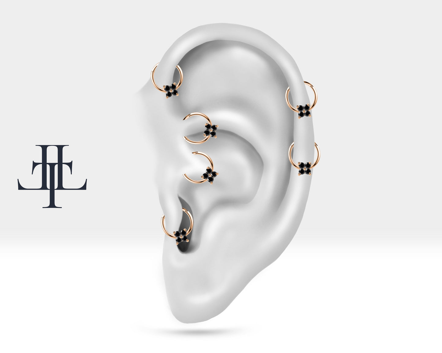 Cartilage Hoop Clicker,Four Round Black Diamond Clicker,Single Earring,14K Yellow Gold
