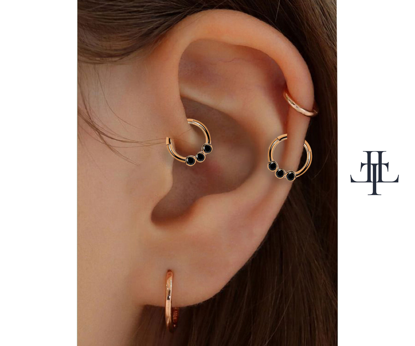 Cartilage Hoop,Trio Pieces Round Cut Black Diamond Clicker,Single Earring,14K Gold,16G(1.2mm)