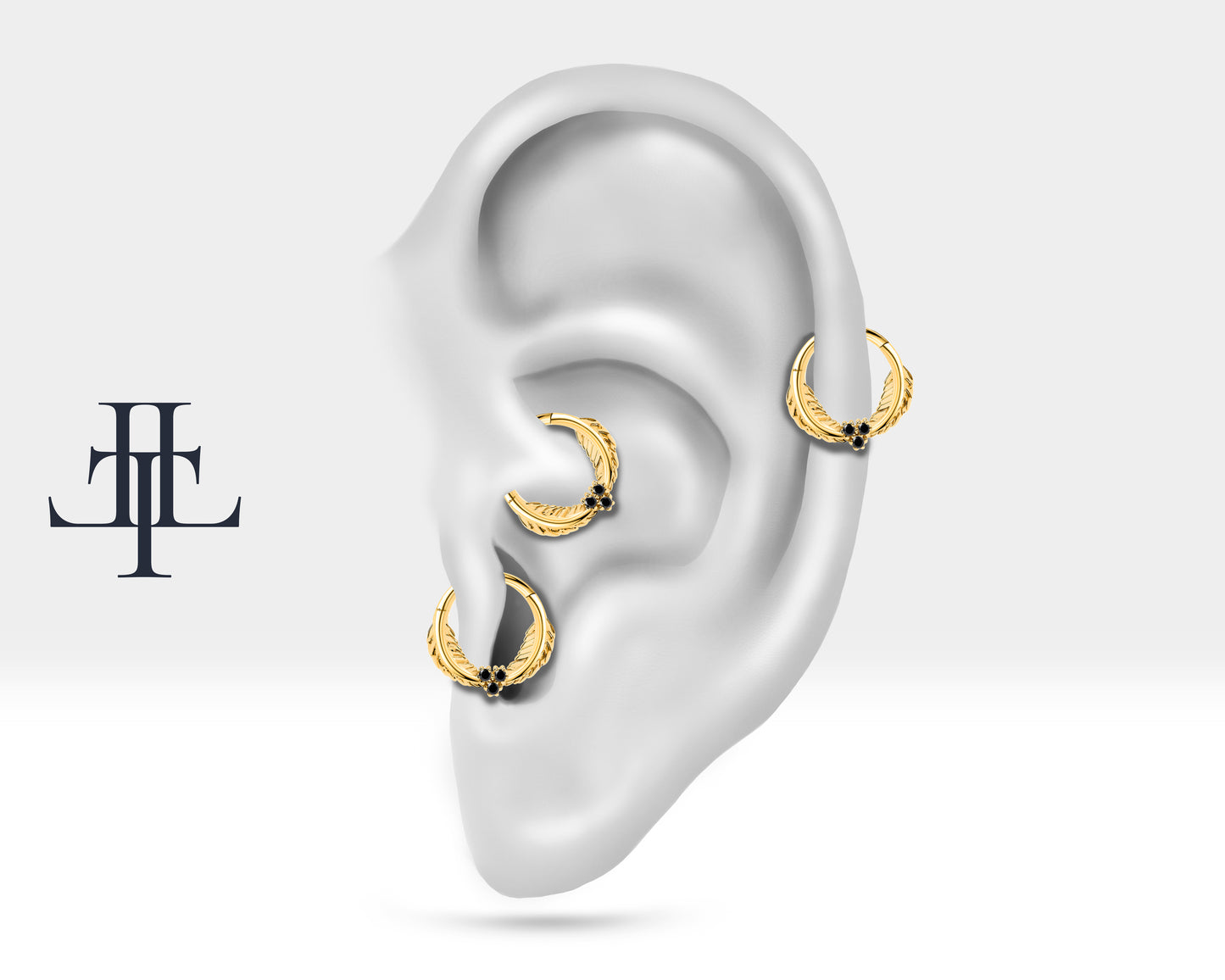 Cartilage Hoop,Leaf Design Black Diamond Clicker Piercing,14K Yellow Solid Gold,16G(1.2mm)