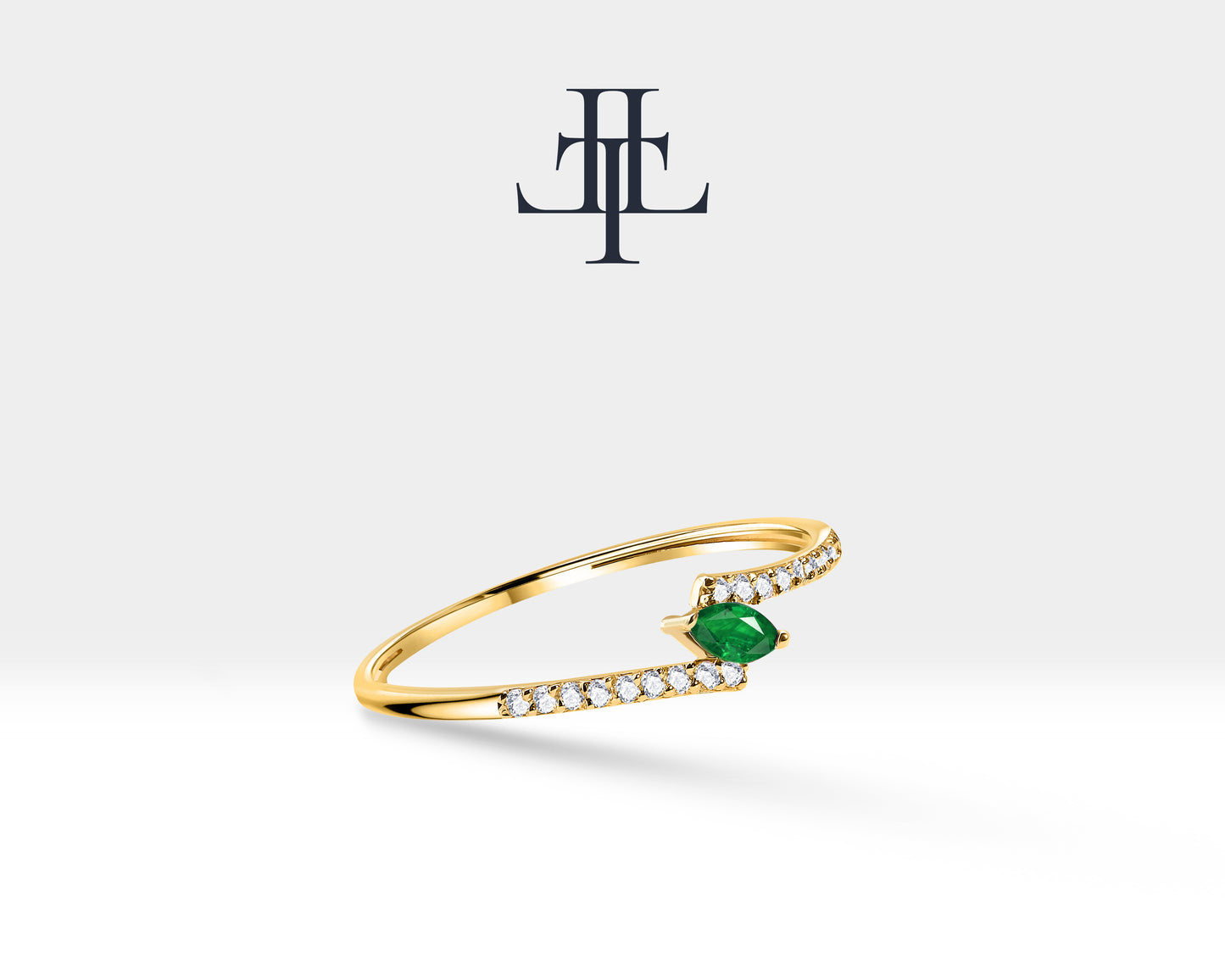 14K Yellow Solid Gold Ring,Marquise Cut Emerald Ring,Half Eternity Diamond Ring