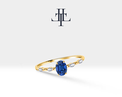 14K Yellow Solid Gold Ring ,Multi Stone Ring ,Oval Cut Sapphire with Marquise Diamond