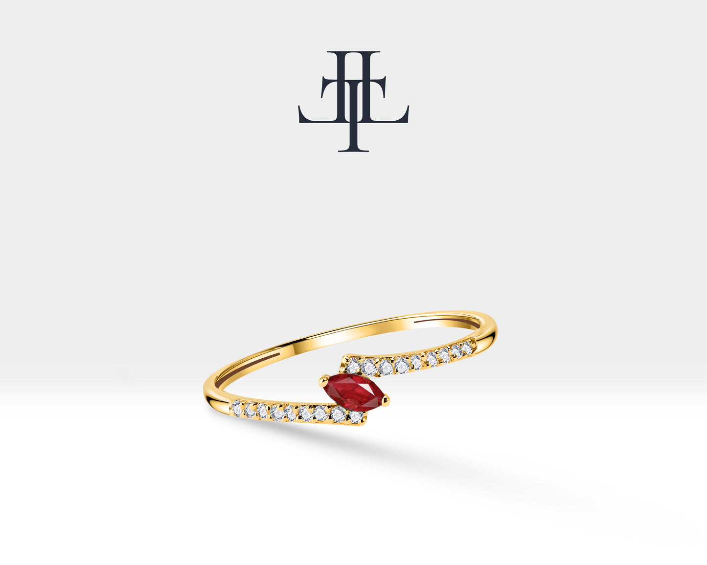 14K Yellow Solid Gold Ring,Marquise Cut Ruby Ring,Half Eternity Diamond Ring