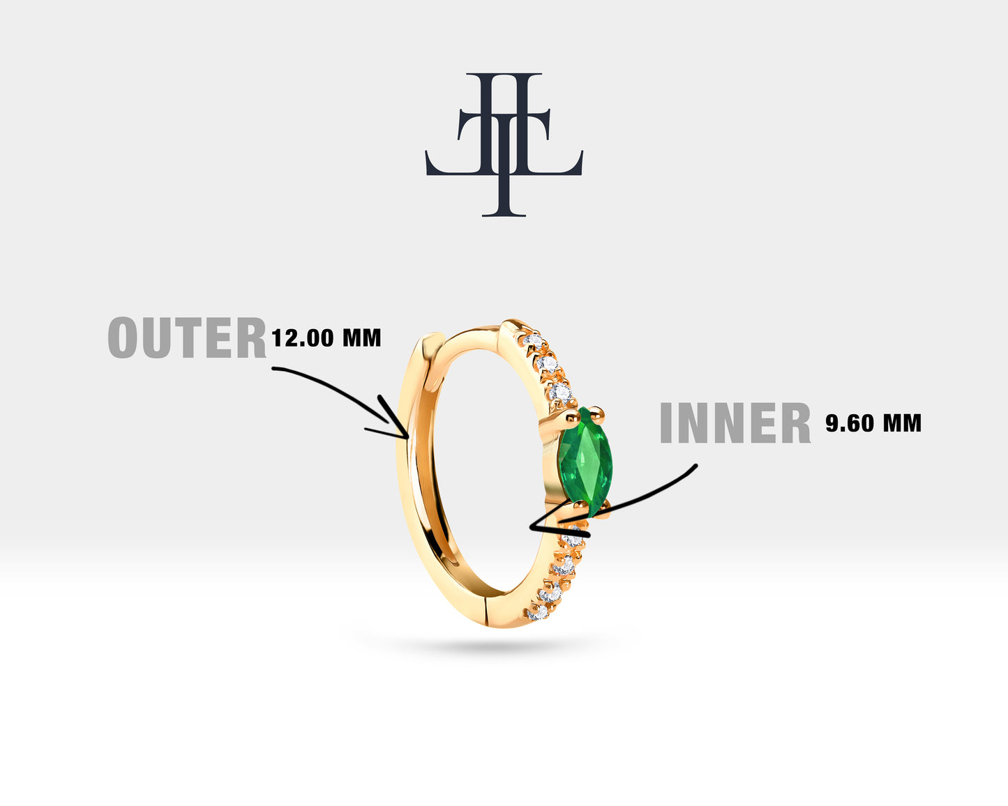 Huggie Hoop Earring , Marquise Cut Emerald and Diamond Earring , 14K Yellow Solid Gold