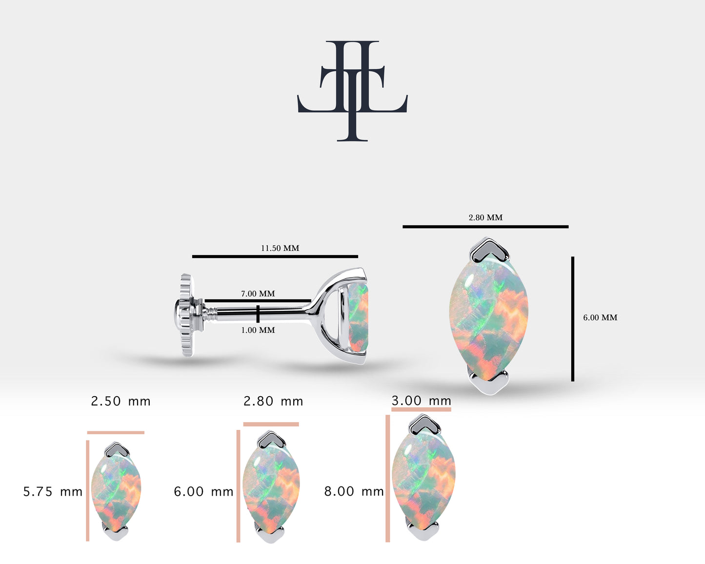 Cartilage Tragus Piercing Design 3 Size Marquise Cut Opal Piercing