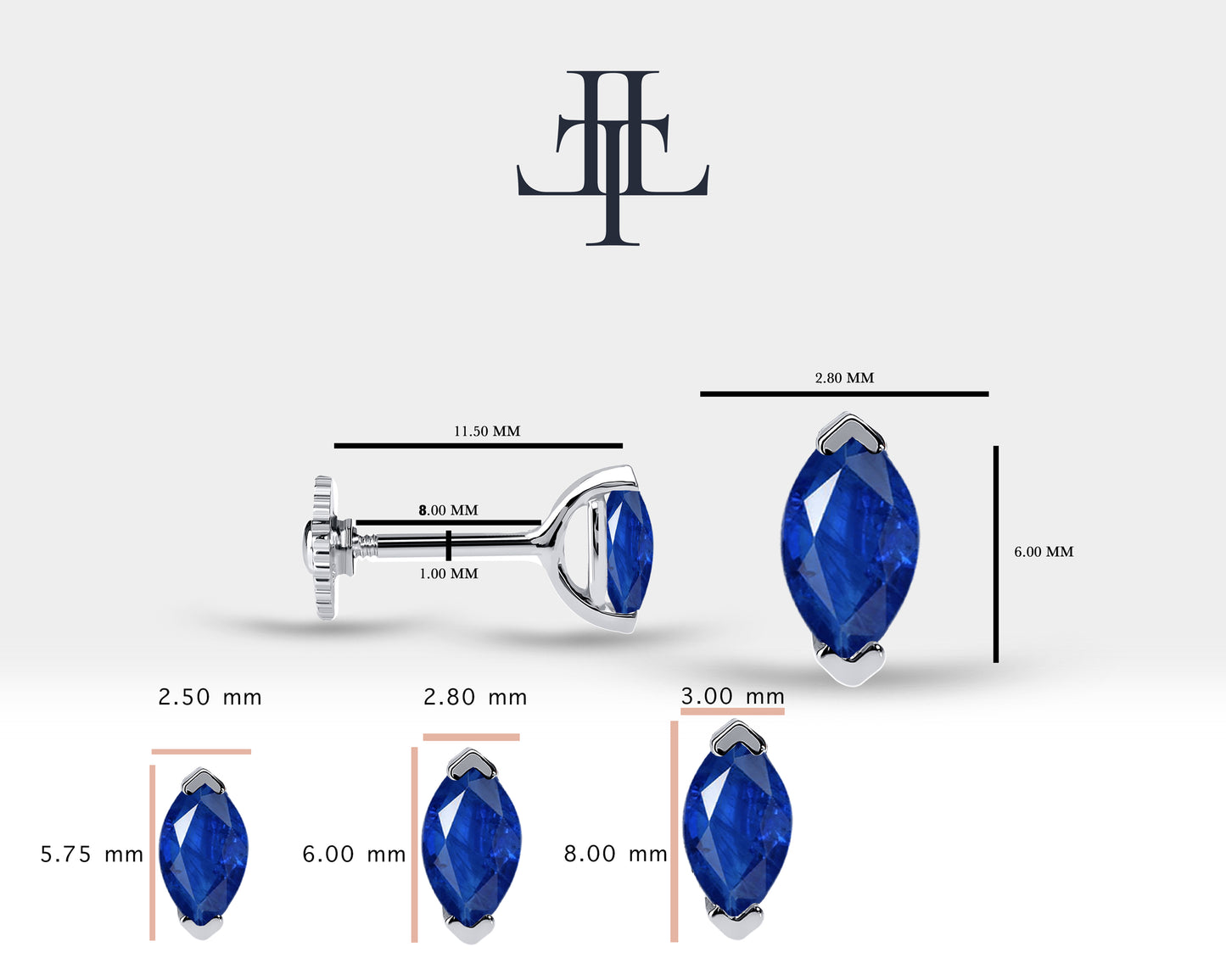 Cartilage Tragus Piercing Design 3 Size Marquise Cut Sapphire Piercing Single Earring