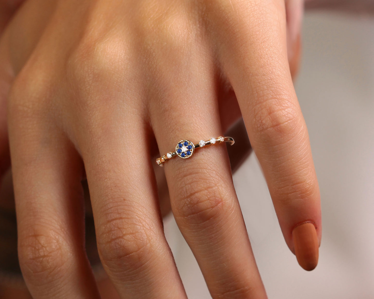 14K Yellow Solid Gold Ring,Multi Stone Ring,Halo Setting Round Cut Sapphire Ring