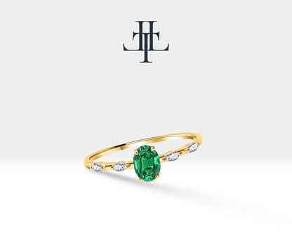 14K Yellow Solid Gold Ring ,Multi Stone Ring ,Oval Cut Emerald with Marquise Diamond