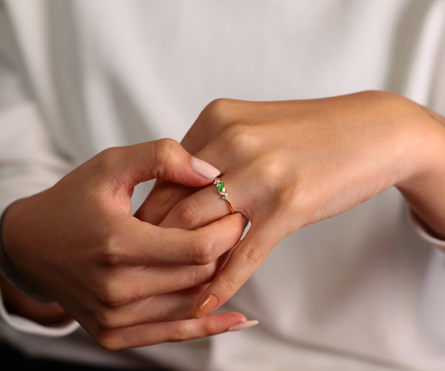 14K Yellow Solid Gold Ring,Marquise Cut Emerald Ring with Baguette Diamond