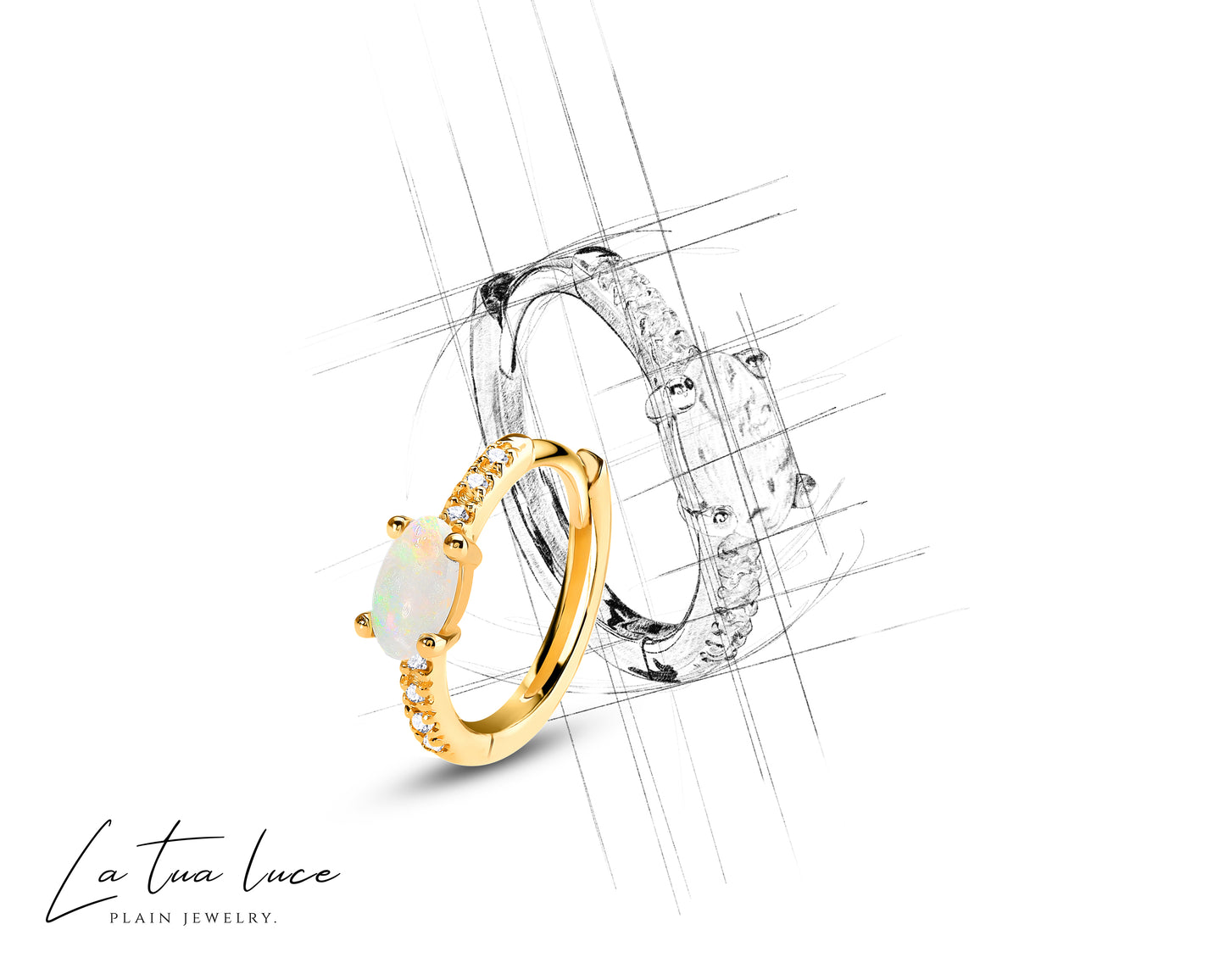 Huggie Hoop Earring , Oval Cut Opal and Diamond Earring , 14K Yellow Solid Gold
