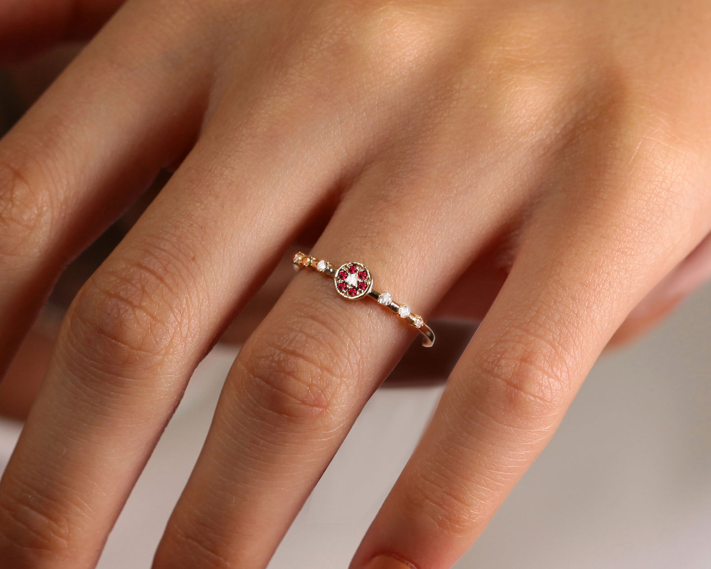 14K Yellow Solid Gold Ring,Multi Stone Ring,Halo Setting Round Cut Ruby Ring