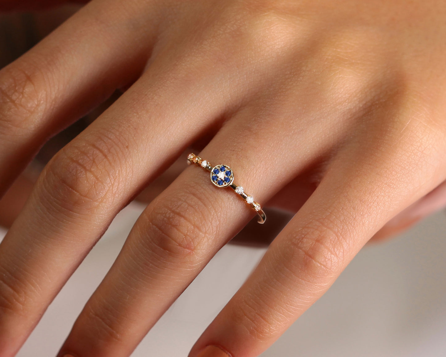 14K Yellow Solid Gold Ring,Multi Stone Ring,Halo Setting Round Cut Sapphire Ring