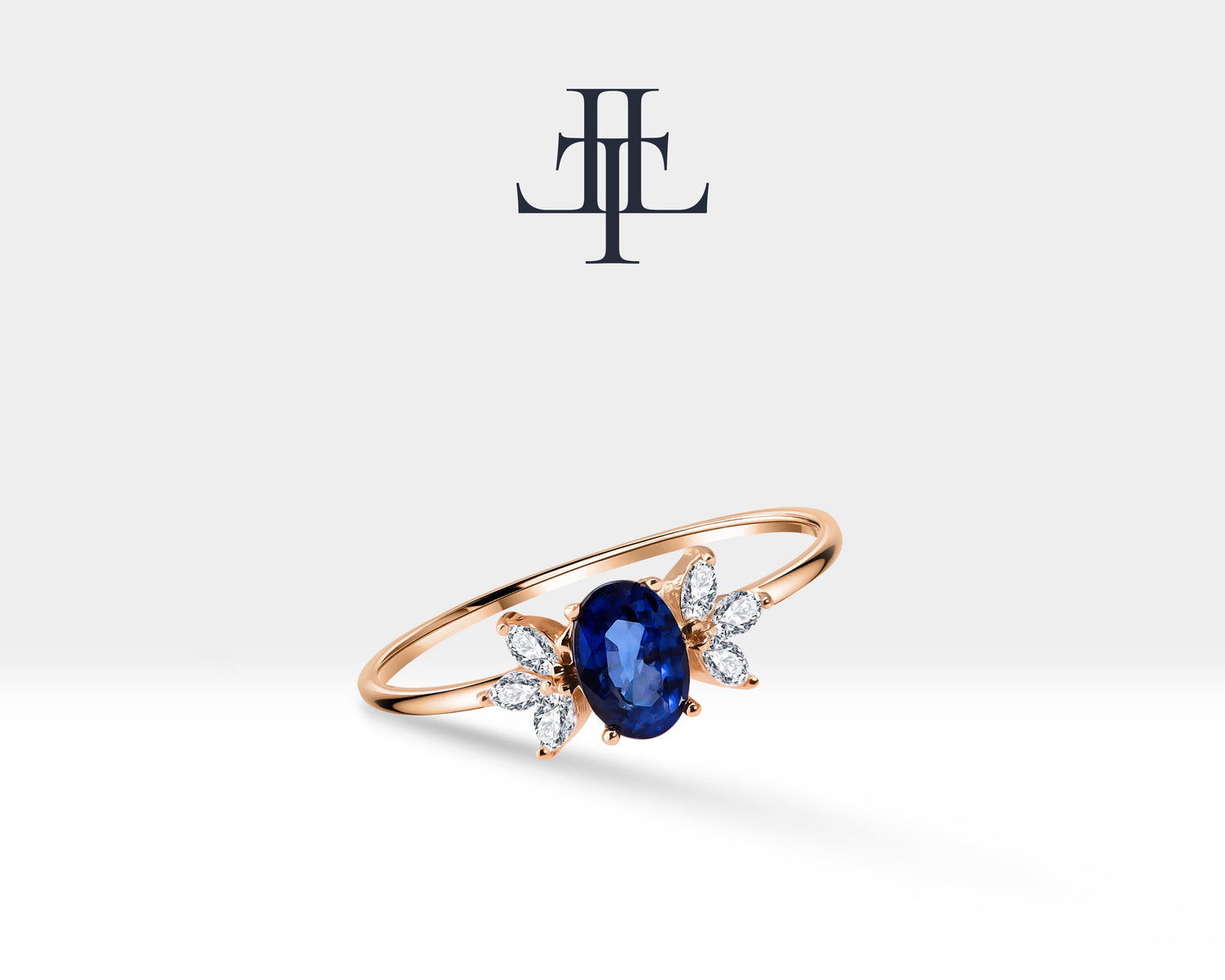 14K Yellow Solid Gold,Multi Stone Ring,Oval Cut Sapphire with Marquise Diamond Ring