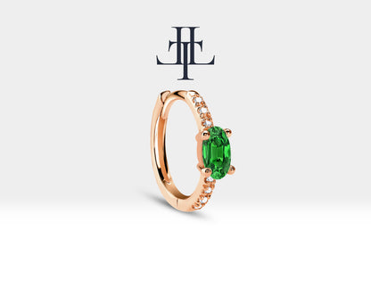 Huggie Hoop Earring , Oval Cut Emerald and Diamond Design Earring , 14K Yellow Solid Gold