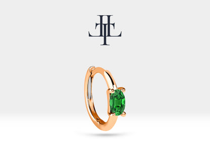 Cartilage Hoop Oval Cut Emerald Earring , Single Earring , 14K Yellow Solid Gold