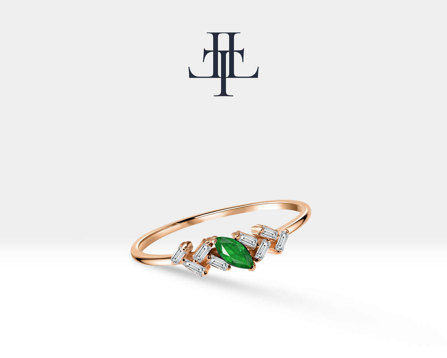 14K Yellow Solid Gold Ring,Marquise Cut Emerald Ring with Baguette Diamond