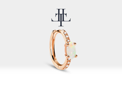 Huggie Hoop Earring , Oval Cut Opal and Diamond Earring , 14K Yellow Solid Gold