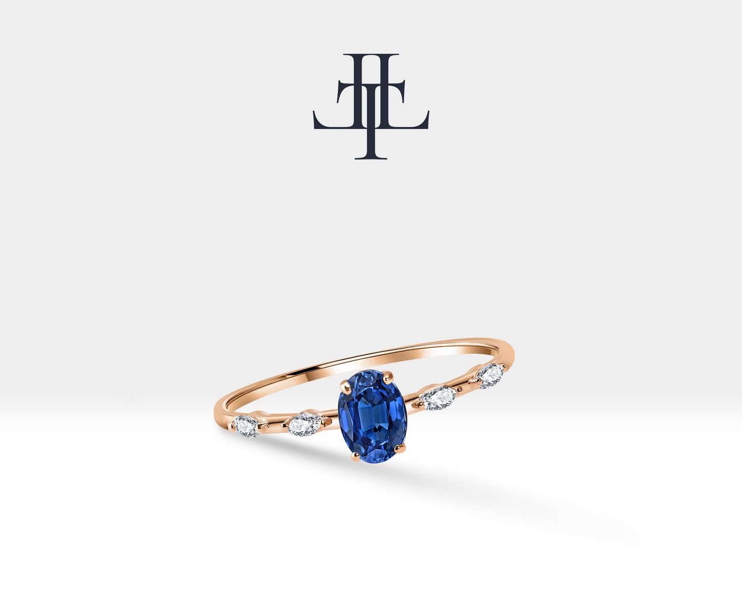 14K Yellow Solid Gold Ring ,Multi Stone Ring ,Oval Cut Sapphire with Marquise Diamond