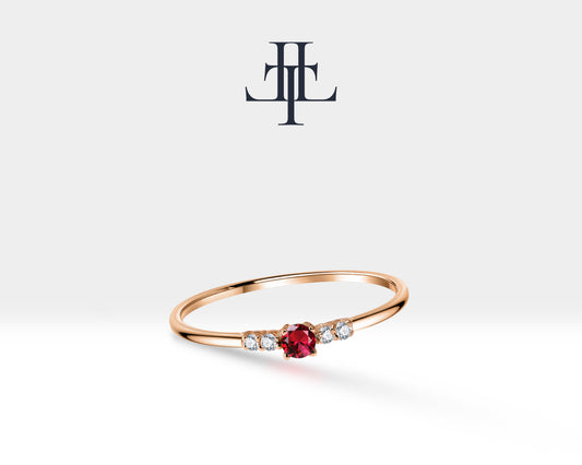 14K Yellow Solid Gold Band,Multi Stone Ring,Round Cut Ruby and Diamond Ring
