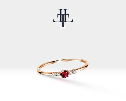 14K Yellow Solid Gold Band,Multi Stone Ring,Round Cut Ruby and Diamond Ring